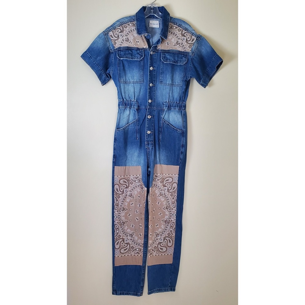 We The Free People Tricia Fix Bandana Denim Jean Jumpsuit Boho Western Small
